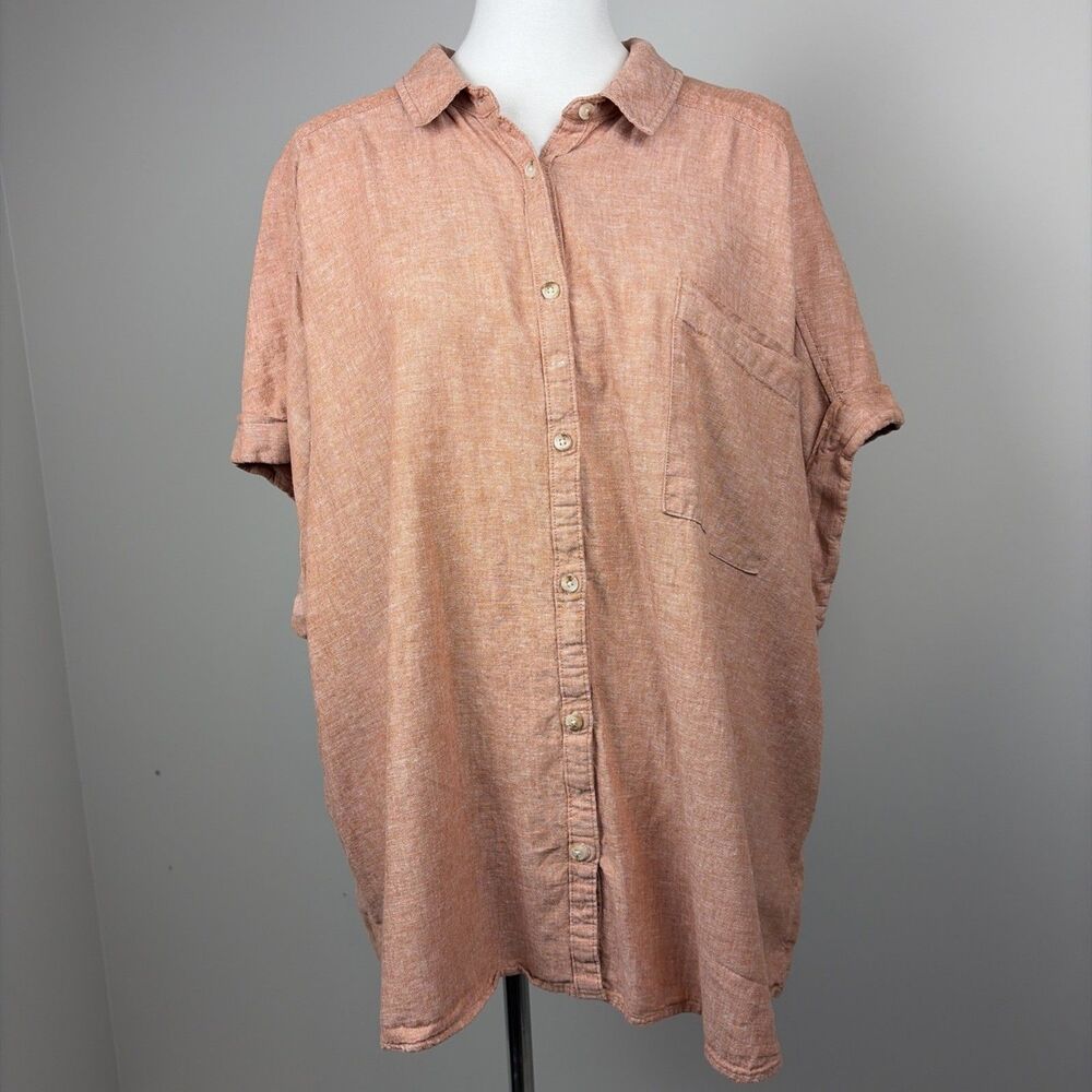 Terra & Sky Linen Blend Women’s Camp Shirt Size 3X Beachy Coastal Euro Summer